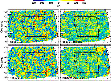 Four maps at different wavelengths representing measurements of cosmic background radiation from a stratospheric balloon during Project Boomerang; the different colors indicate slight differences in temperature at a time in Universe expansion when the CBR was approximately 6000 K.